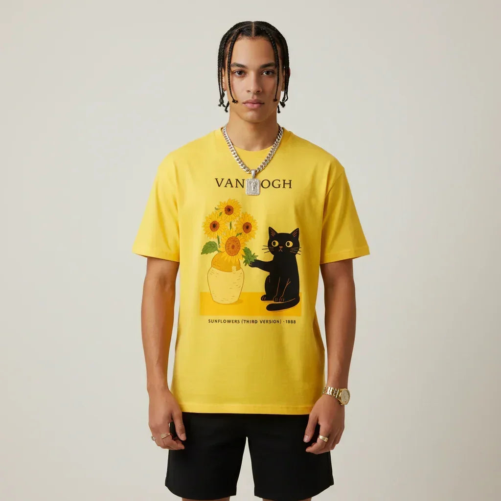 Men’s Van Gogh Cat Sunflowers Graphic Japan T-Shirt | Rebooters