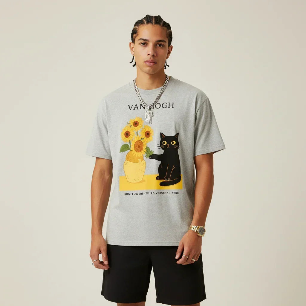 Men’s Van Gogh Cat Sunflowers Graphic Japan T-Shirt | Rebooters