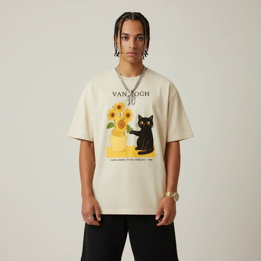 Men’s Van Gogh Cat Sunflowers Graphic Japan T-Shirt | Rebooters