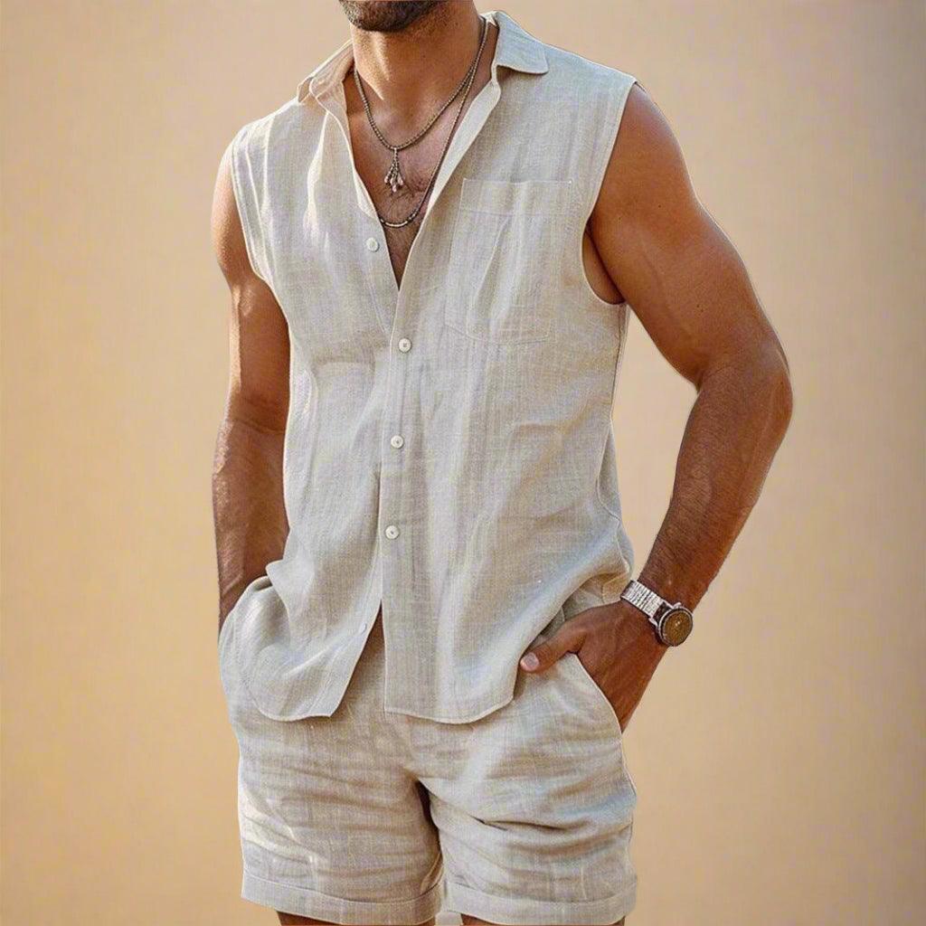 Men’s Sleeveless Shirt Cotton Linen Relaxed Fit for Summer Rebooters mens 2 piece set