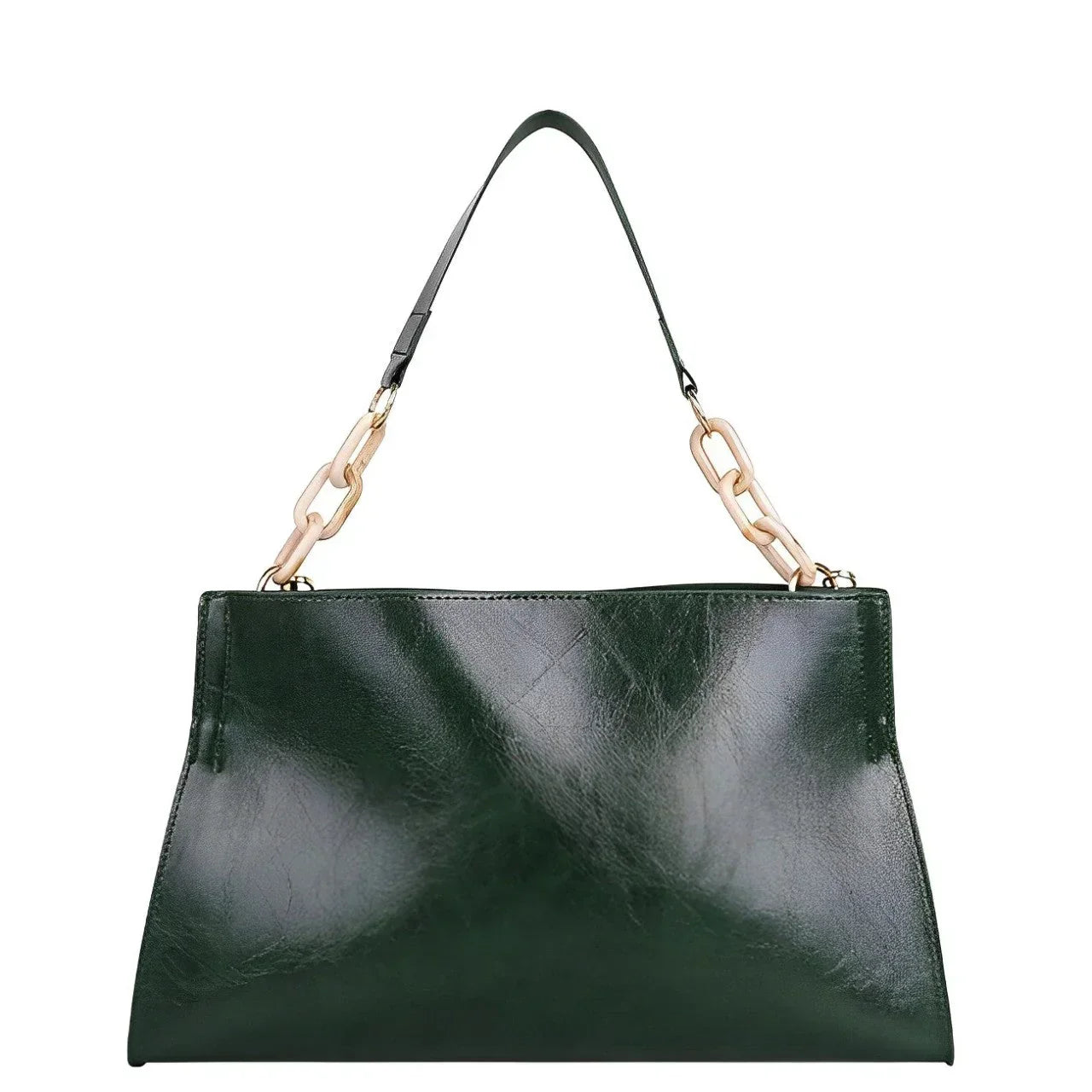 Dark green leather handbag with gold chain strap, luxury purse on white background