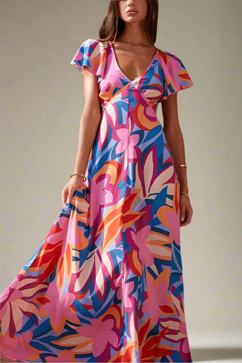 Hallie Floral V-Neck Maxi Dress with Flowing Silhouette and Soft Elegance Rebooters Maxi Women's Dresses