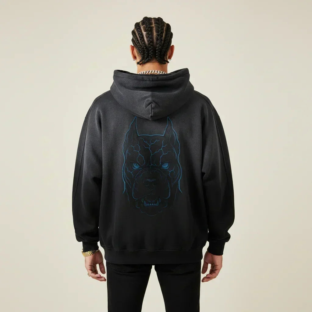 Person wearing a black hoodie with a Pitbull dog graphic on the back against a beige background | Rebooters