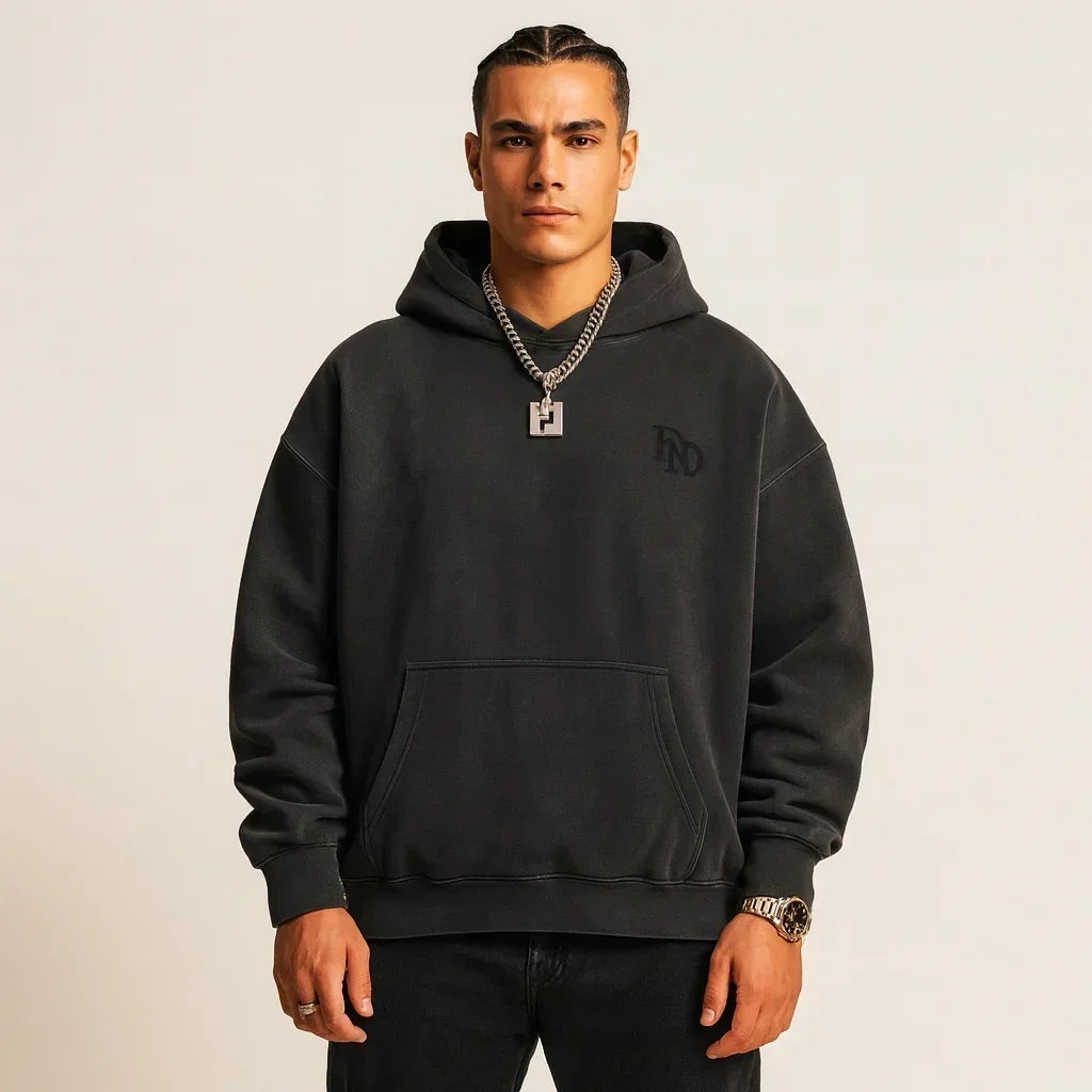 Man wearing a black hoodie Fear No Dog FND Black Pitbull Dog Graphic on Back | Rebooters