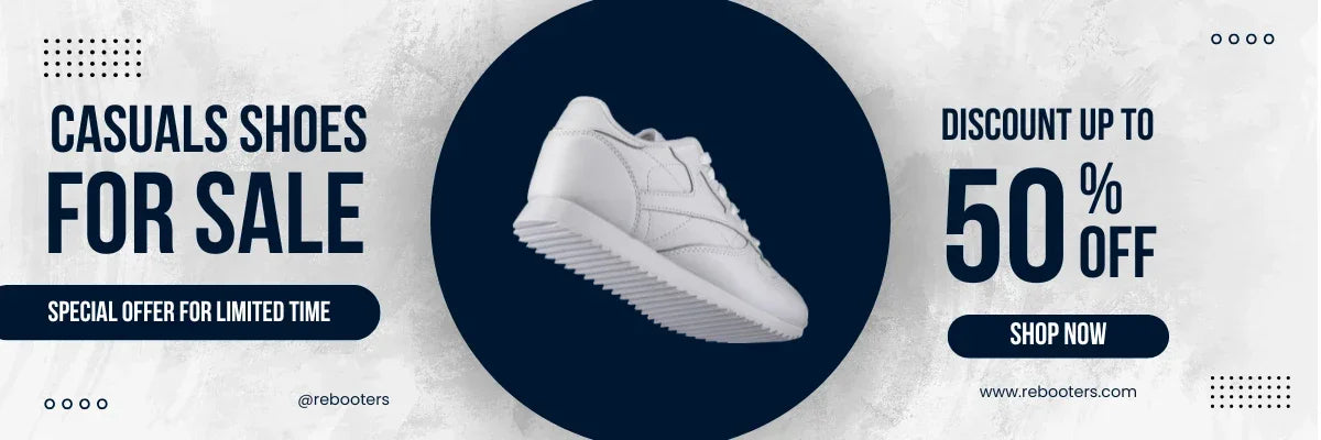 Banner for casual shoes with a discount offer on a white background | Rebooters
