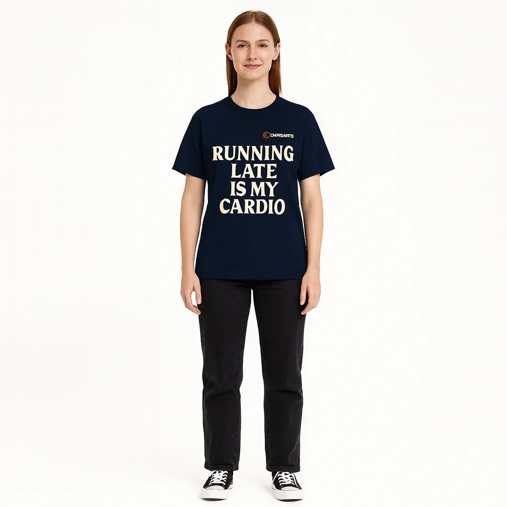 Person wearing a navy blue t-shirt with humorous text on a white background