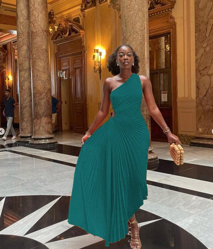 Itzayana | One-Shoulder Women's Evening Gown with Pleated Texture Rebooters Maxi Women's Dresses