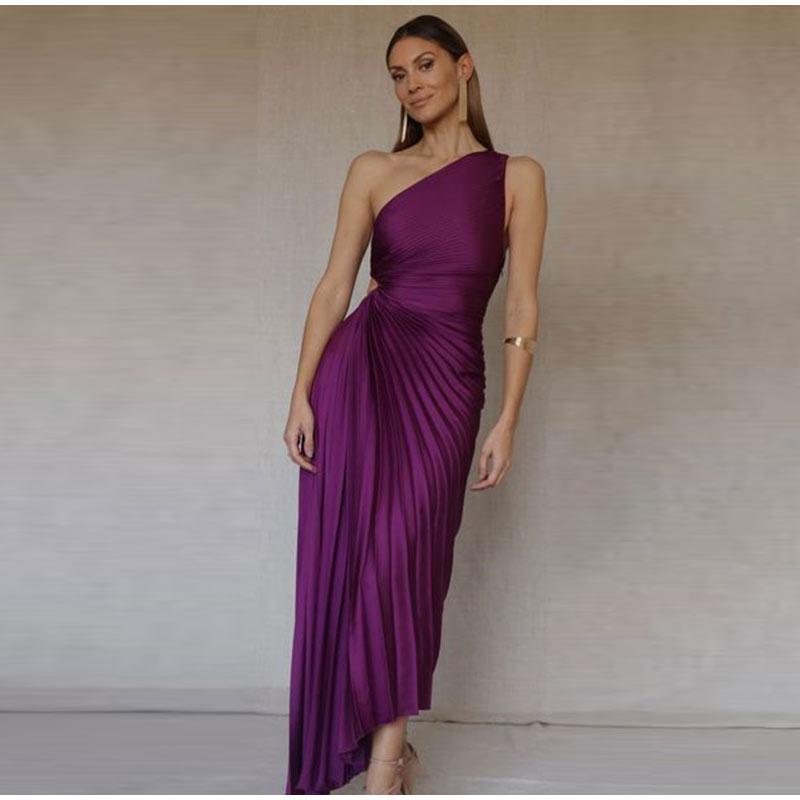 Itzayana | One-Shoulder Women's Evening Gown with Pleated Texture Rebooters Maxi Women's Dresses