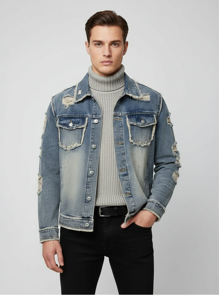 Axl Mens Solid Ripped Slim Denim Jacket Casual Long Sleeve Retro Rebooters Mens Denim Jackets