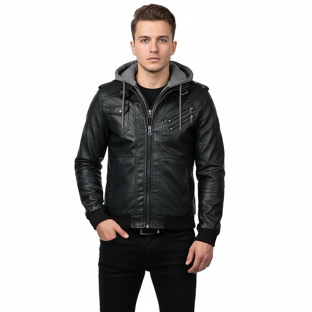 Men's Leather jacket Hooded