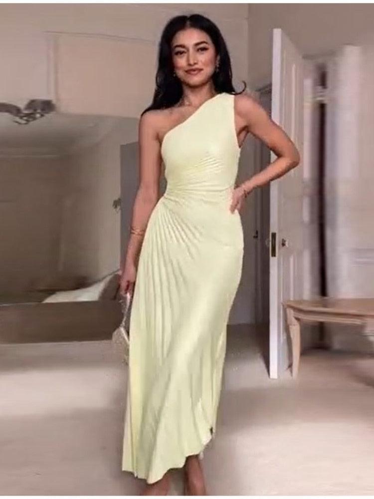 Itzayana | One-Shoulder Women's Evening Gown with Pleated Texture Rebooters Maxi Women's Dresses