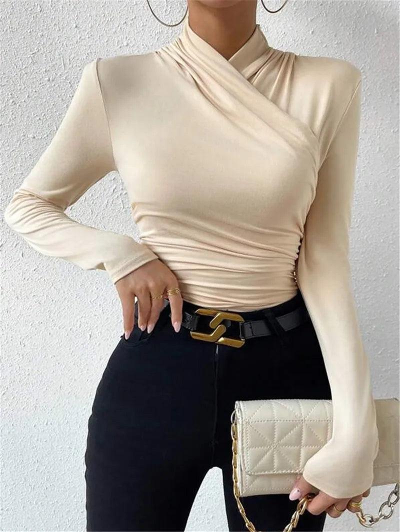 Women's Pleated Shirt With Elegant Long Sleeve Style Rebooters Womens Shirts