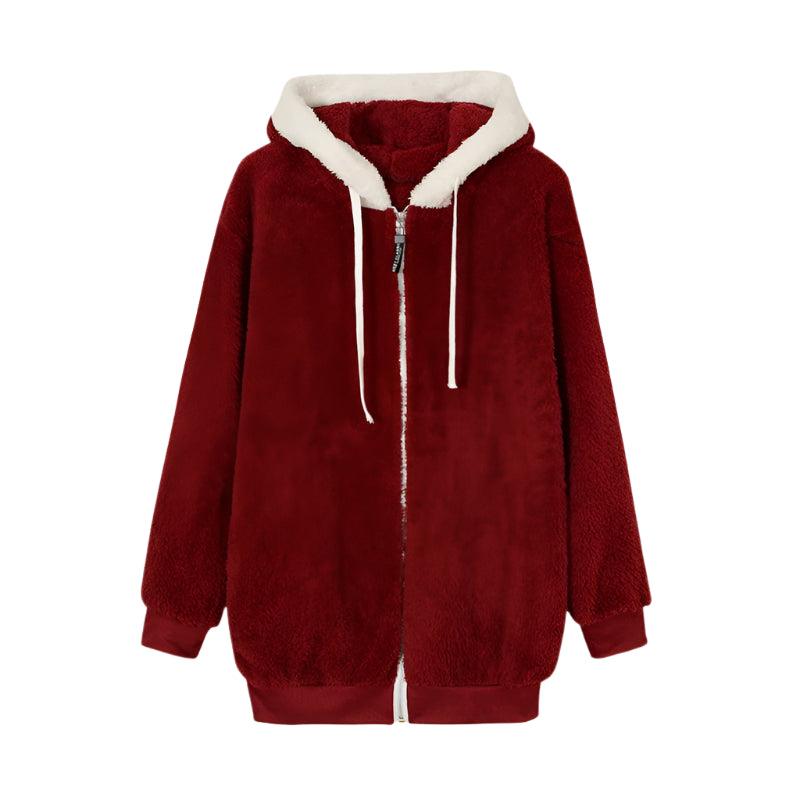 Autumn Winter Loose Plush Zipper Hooded Jacket Women - Womens Jackets Rebooters