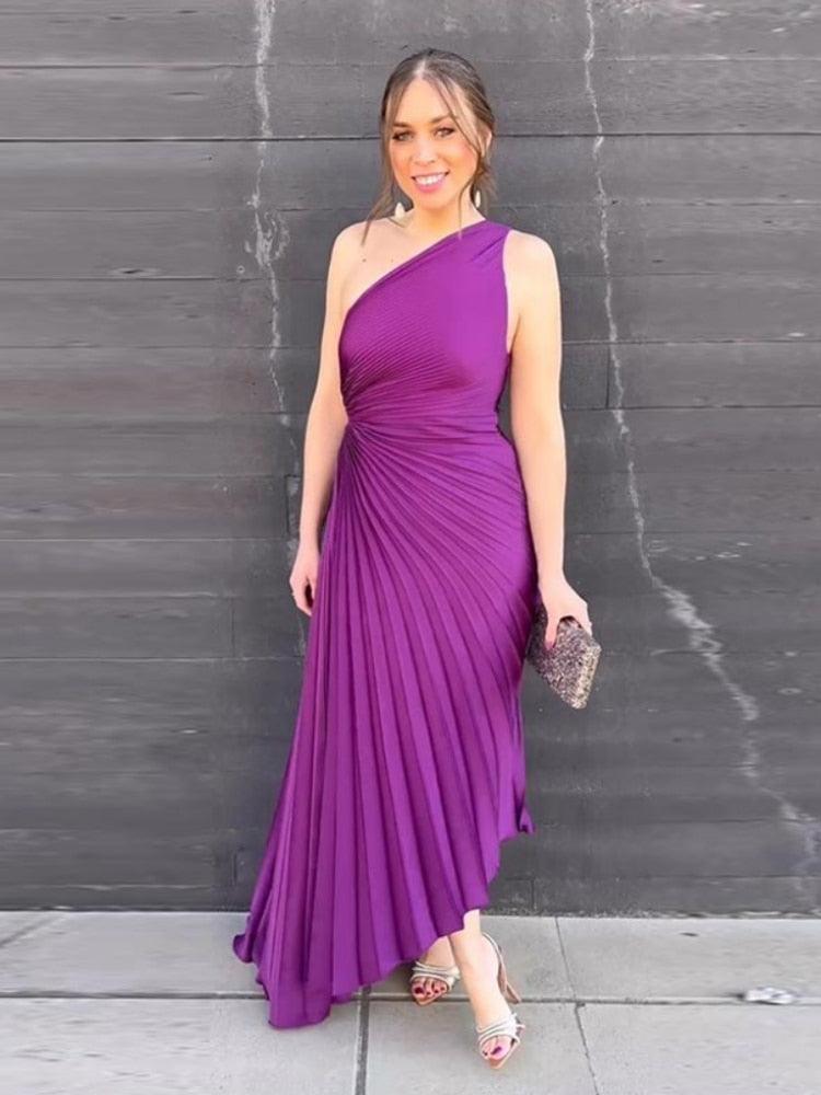 Itzayana | One-Shoulder Women's Evening Gown with Pleated Texture Rebooters Maxi Women's Dresses
