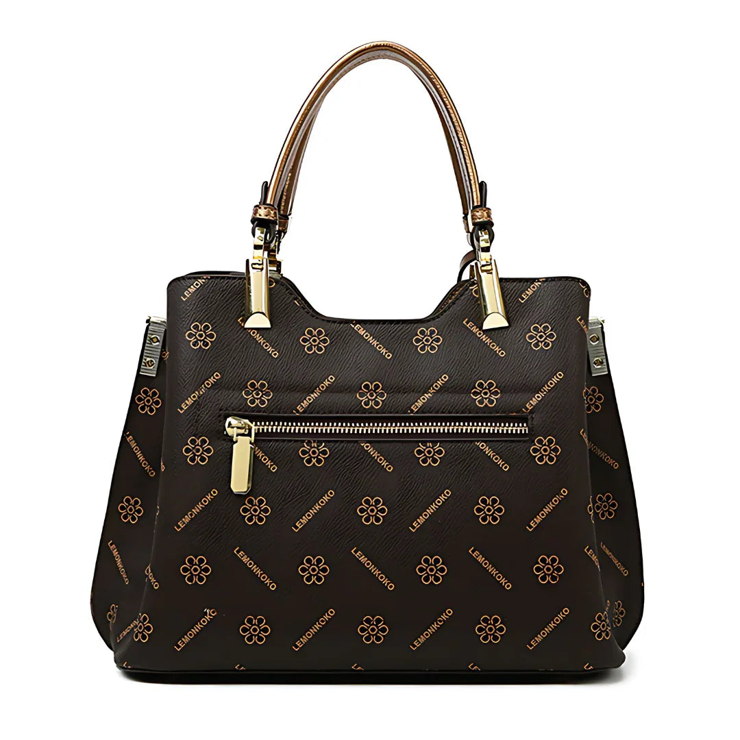 Brown designer handbag with gold hardware, floral pattern, and LENMONKO branding.