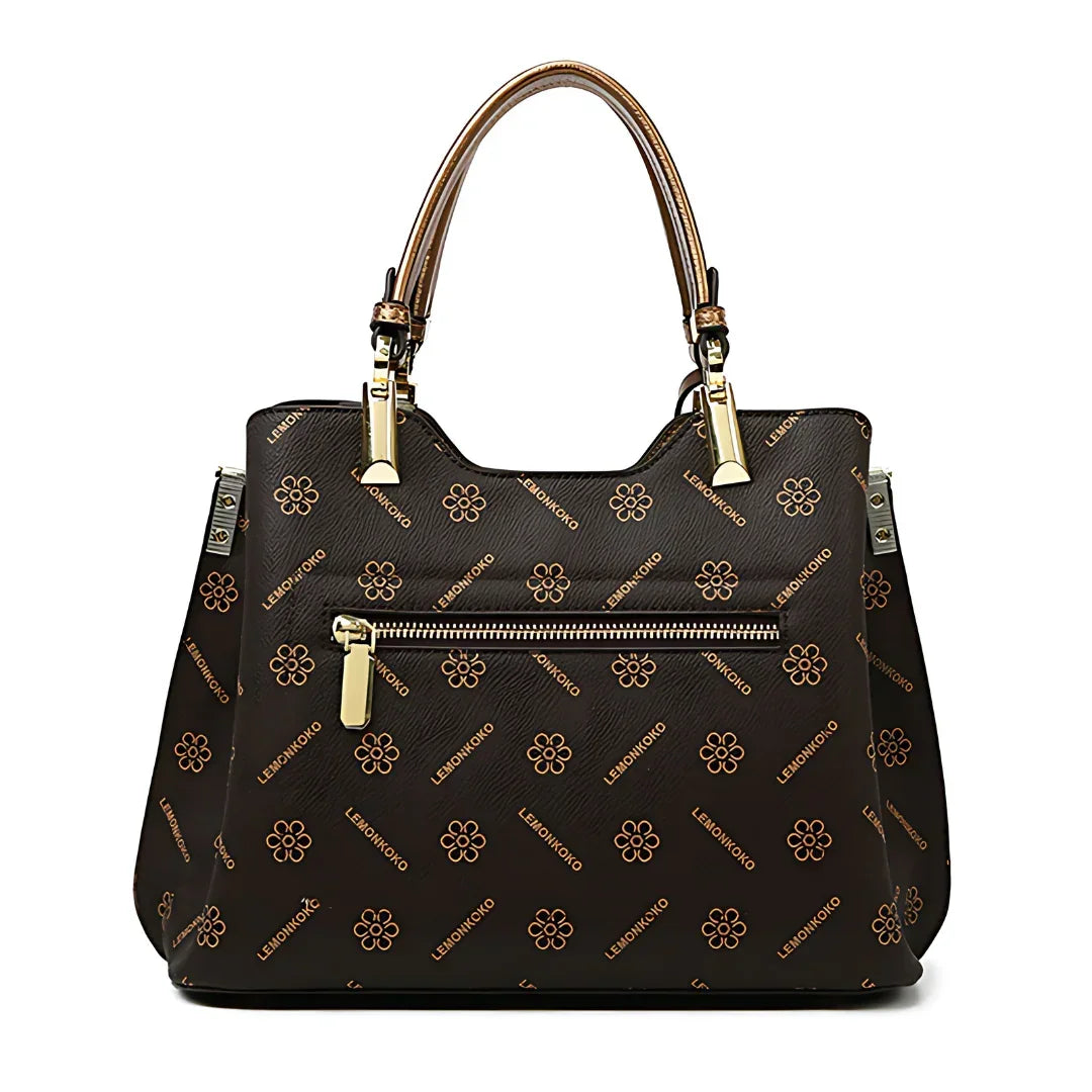 Brown designer handbag with gold hardware, floral pattern, and LENMONKO branding.
