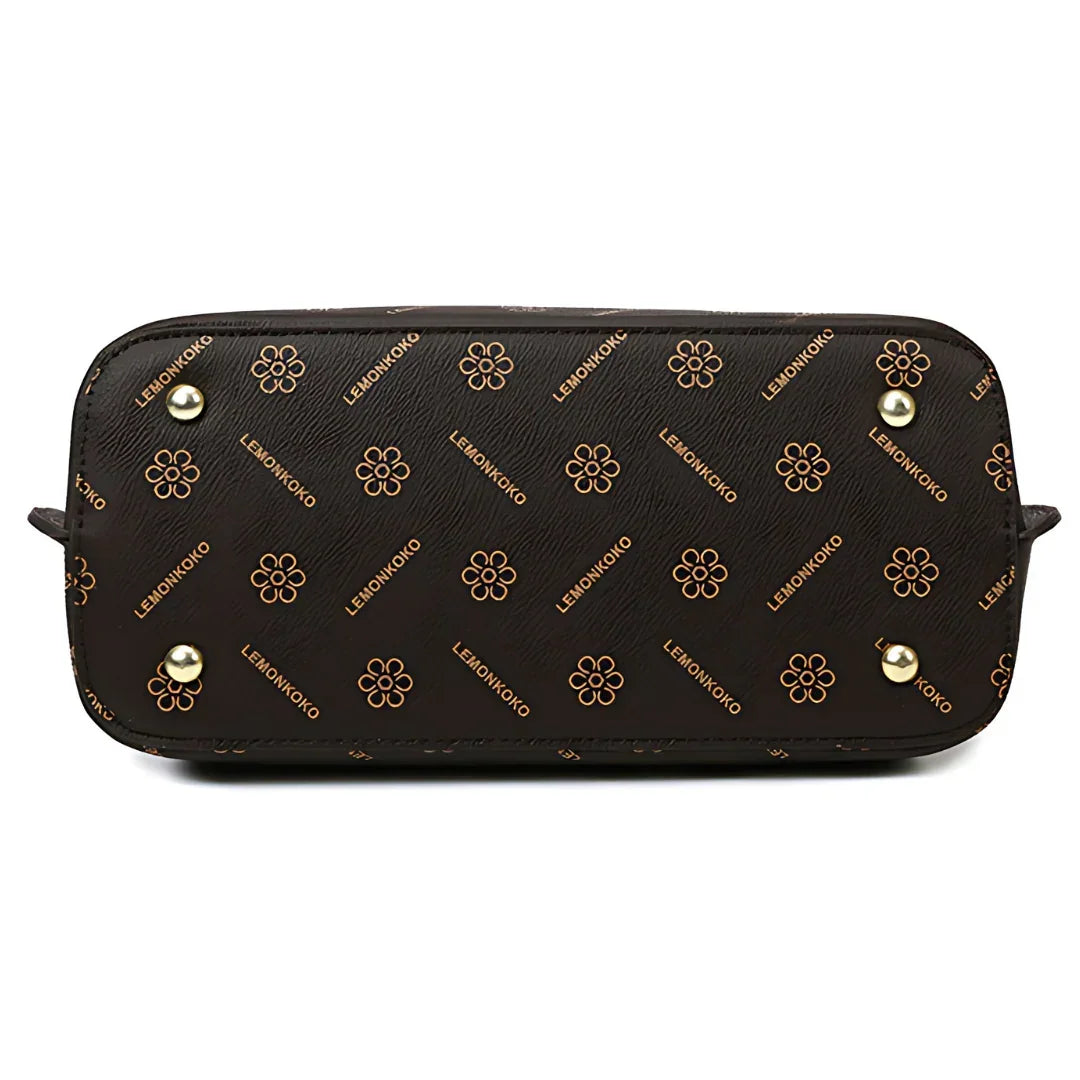 Brown designer bag bottom with metal studs and LEMONKOKO logo pattern