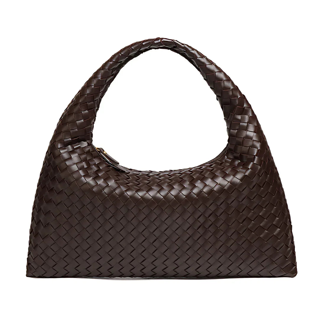 Dark brown woven leather hobo bag with single handle on white background