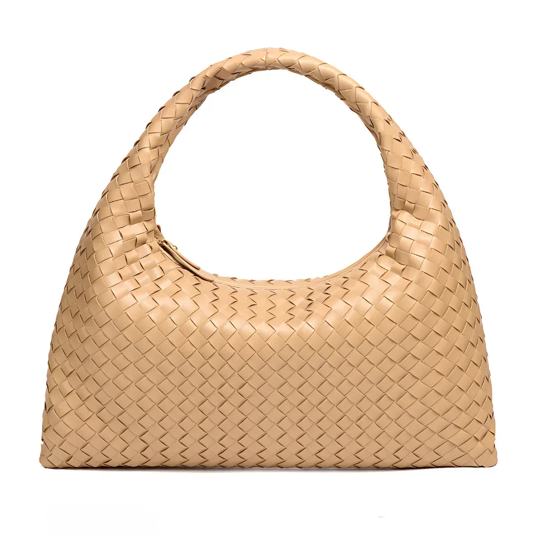 Beige woven leather hobo bag with braided texture on white background