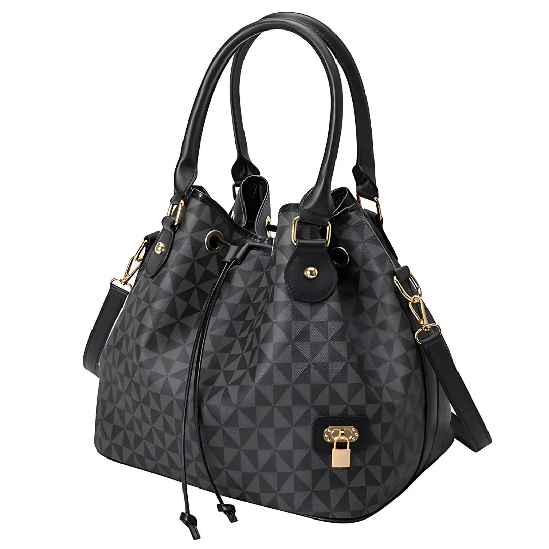 Black geometric pattern tote handbag with gold hardware and double handles