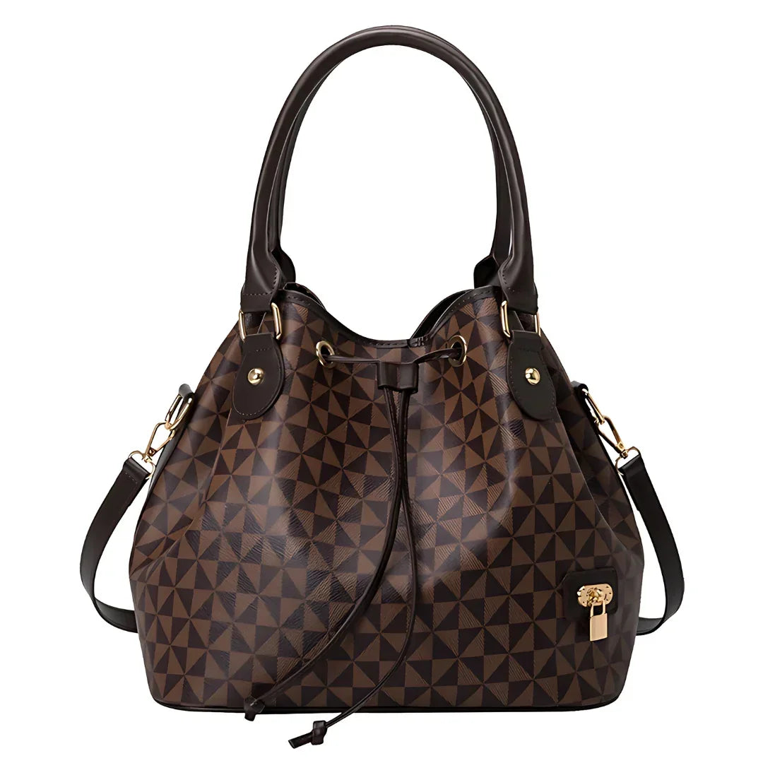 Brown geometric pattern bucket bag with gold hardware and drawstring closure