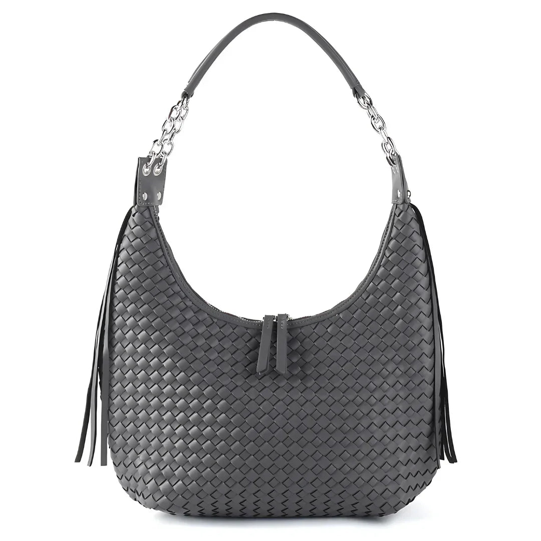 Woven black hobo handbag with silver chain strap and leather tassels