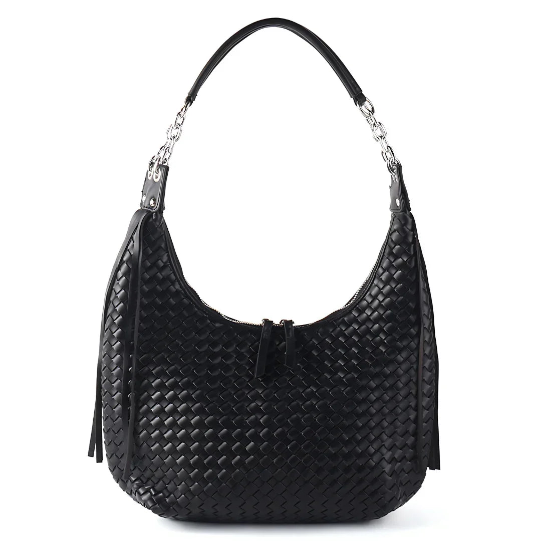 Black woven leather hobo bag with zipper and chain handle on white background