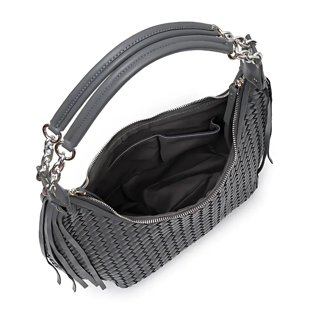 Gray woven leather handbag with double handles and open zippered top view