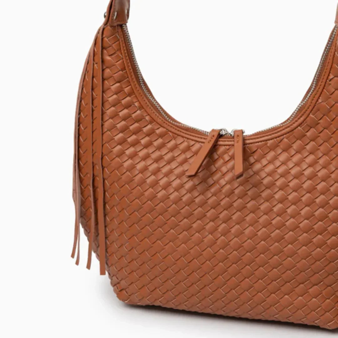 Brown woven leather shoulder bag with zipper and tassel detail