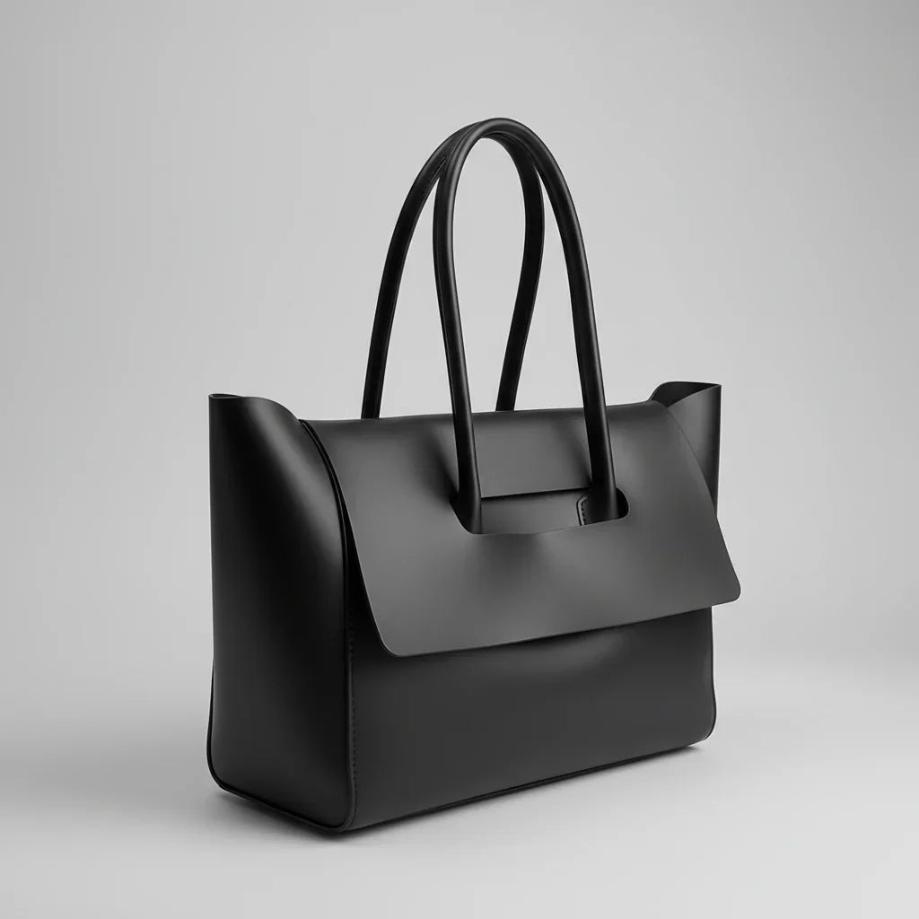 Minimalist black leather tote bag with double handles on a plain gray background.