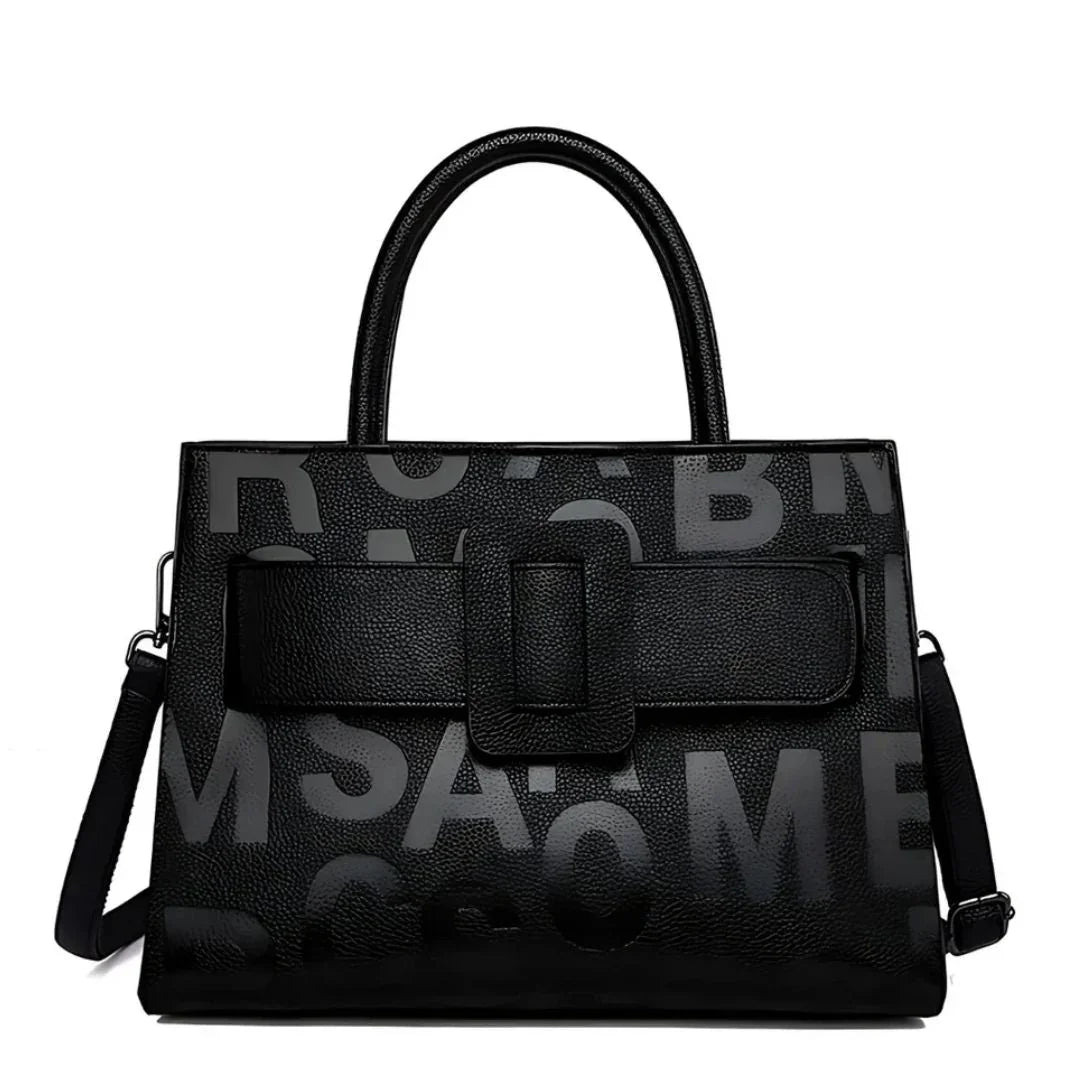 Black leather handbag with bold embossed letters, top handle, and detachable strap