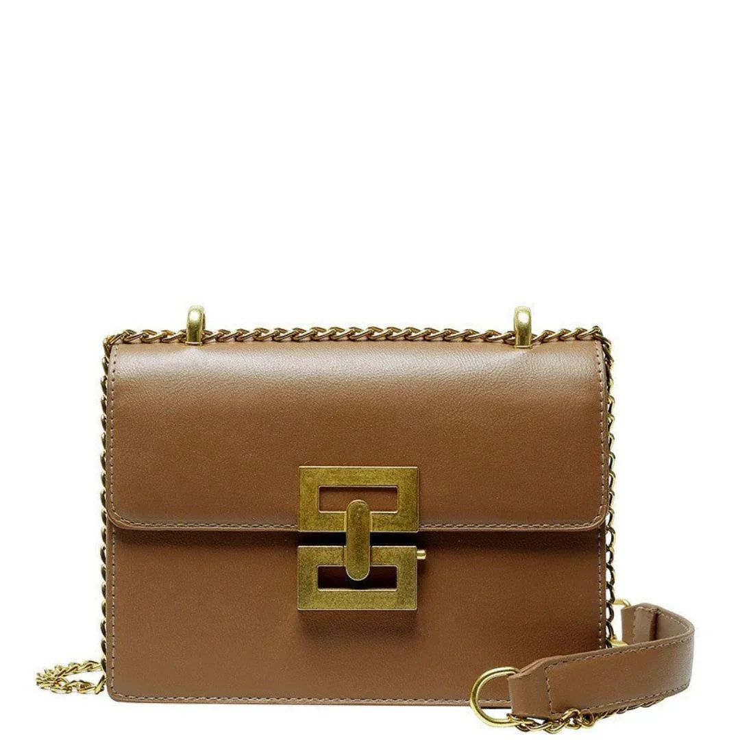 Brown leather crossbody bag with gold chain strap and large square gold buckle