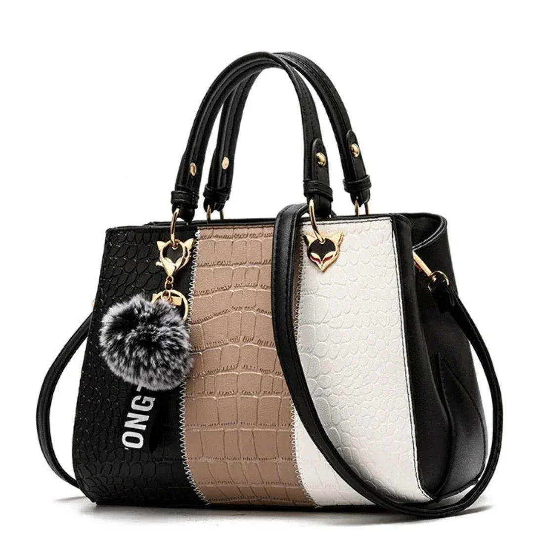 Tri-color crocodile pattern handbag with faux fur keychain and gold heart accents