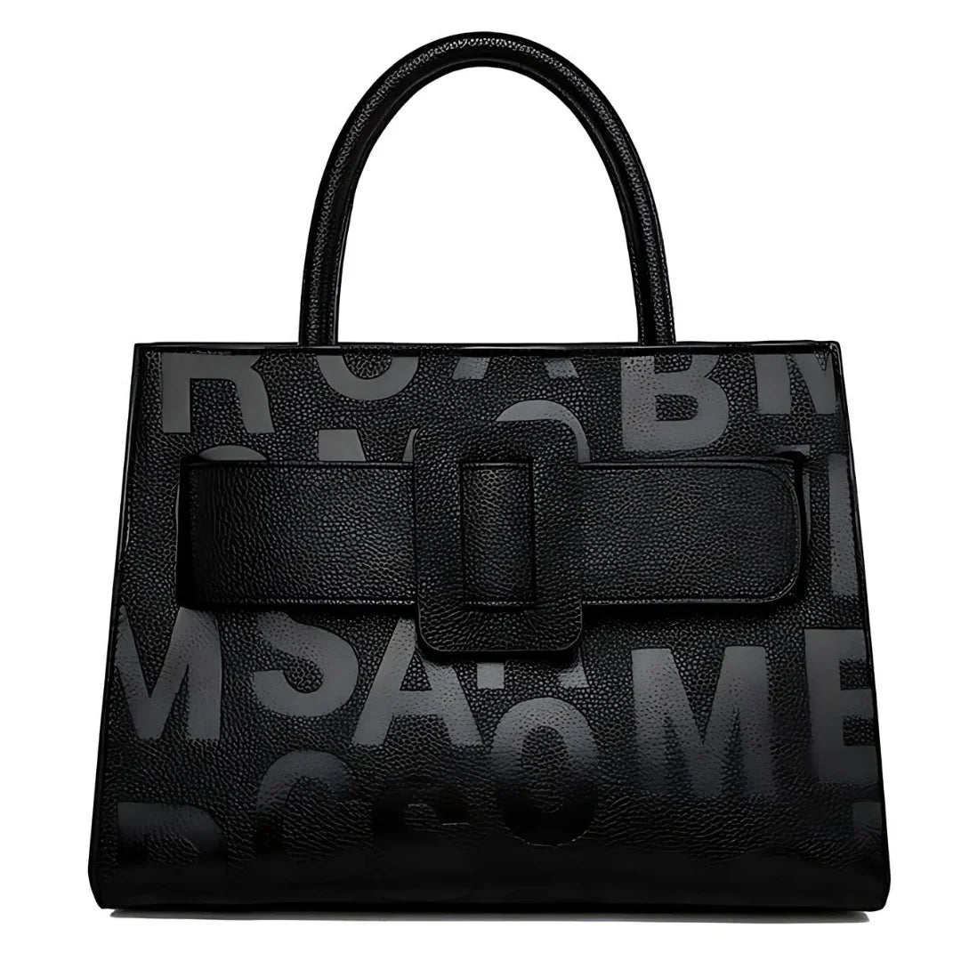 Black leather handbag with embossed letters and top handles, modern designer purse