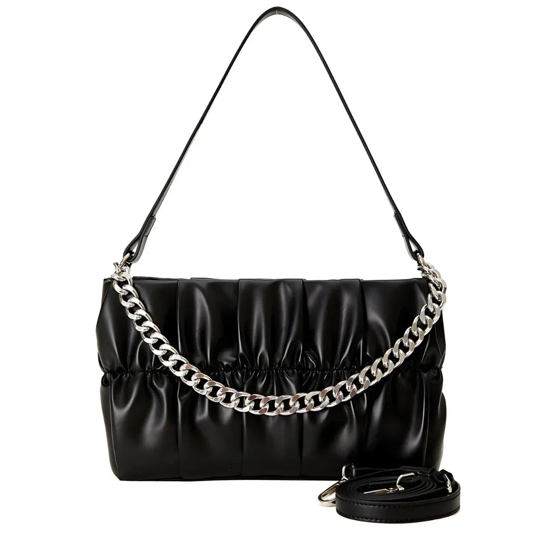 Black ruched faux leather handbag with silver chain strap and detachable shoulder strap