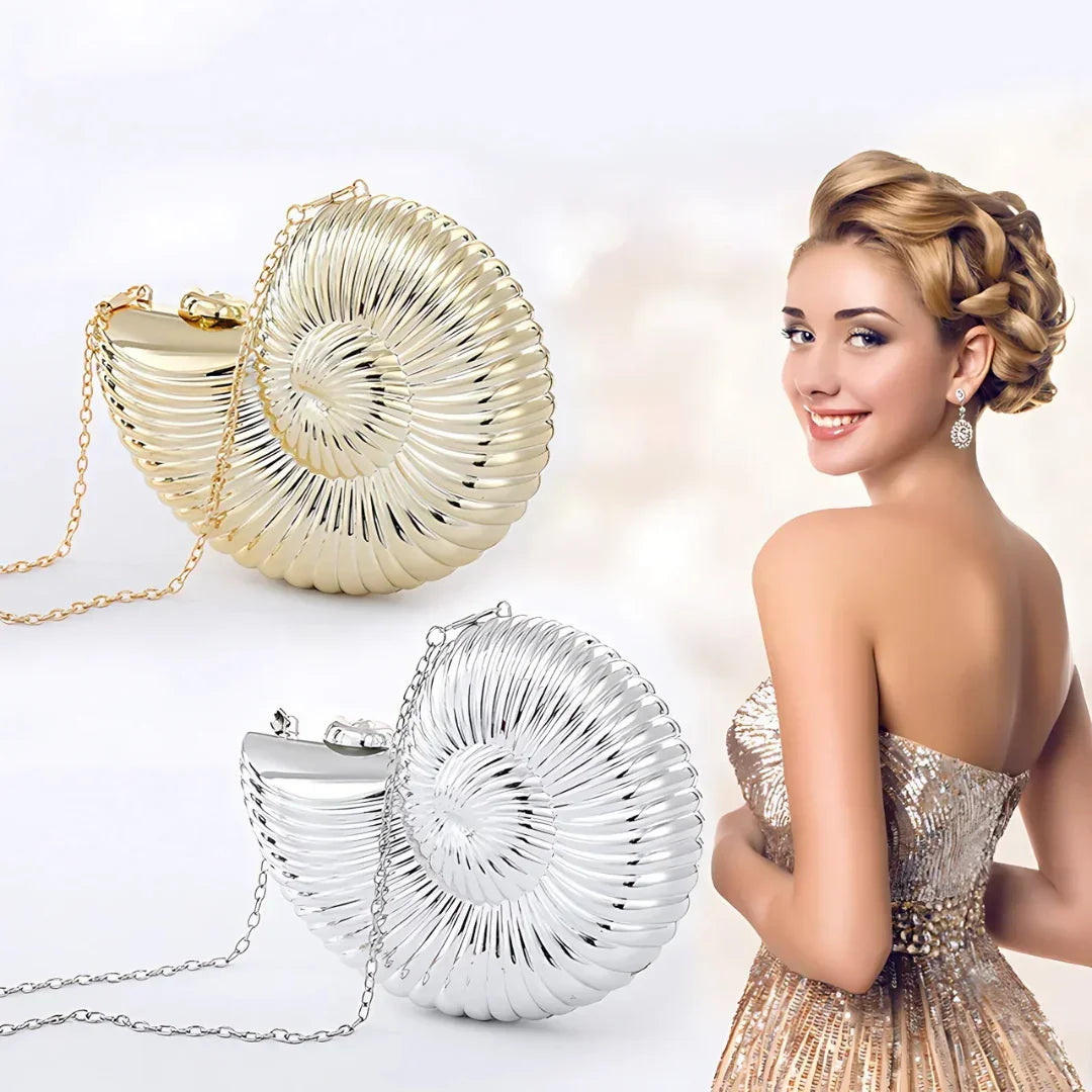 Elegant woman in sequin dress with gold and silver shell-shaped evening clutch bags
