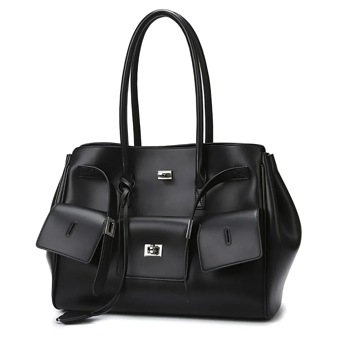 Black leather tote bag with silver hardware and double handles