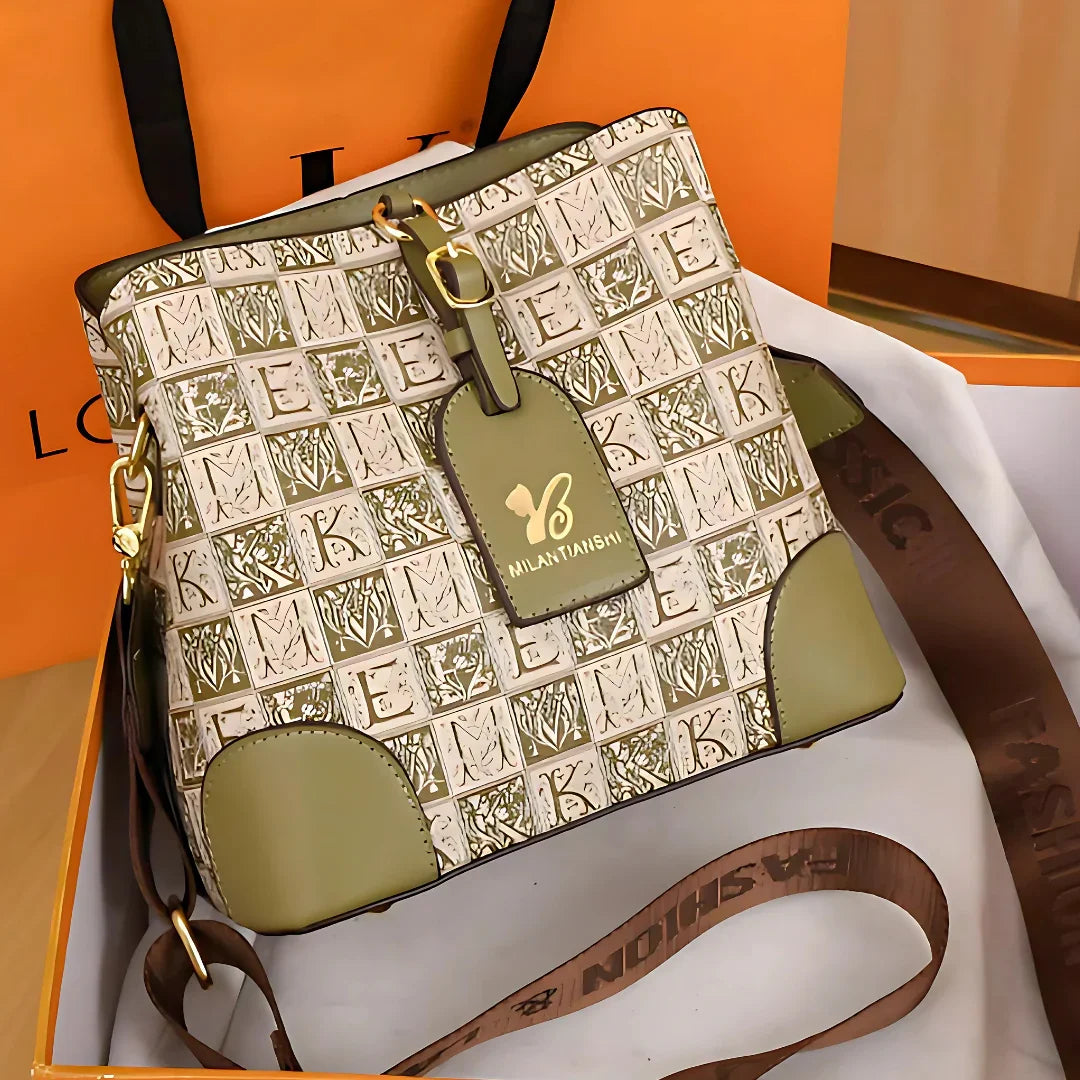 Milantianshi designer handbag with monogram pattern and olive accents in gift box