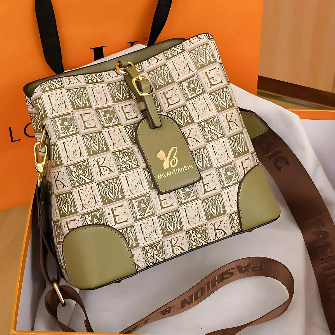 Milantianshi designer handbag with monogram pattern and olive accents in gift box
