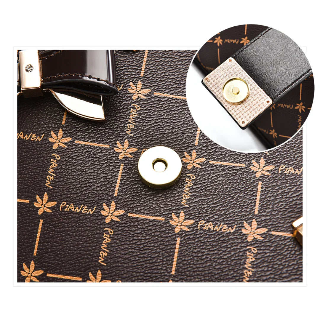 Closeup of brown Piaven patterned leather bag with gold magnetic snap clasp