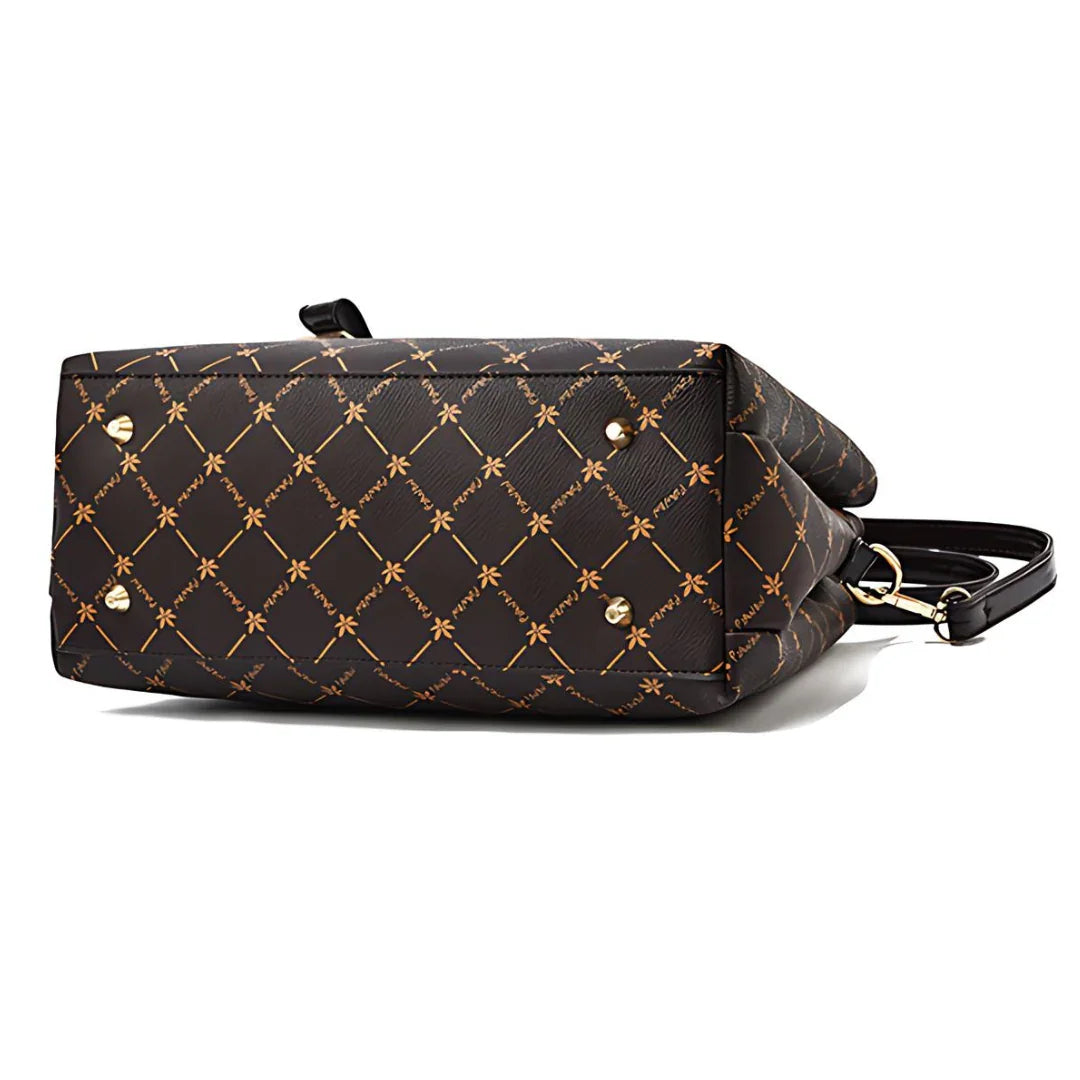 Brown leather tote bag with gold studs and diamond pattern on white background