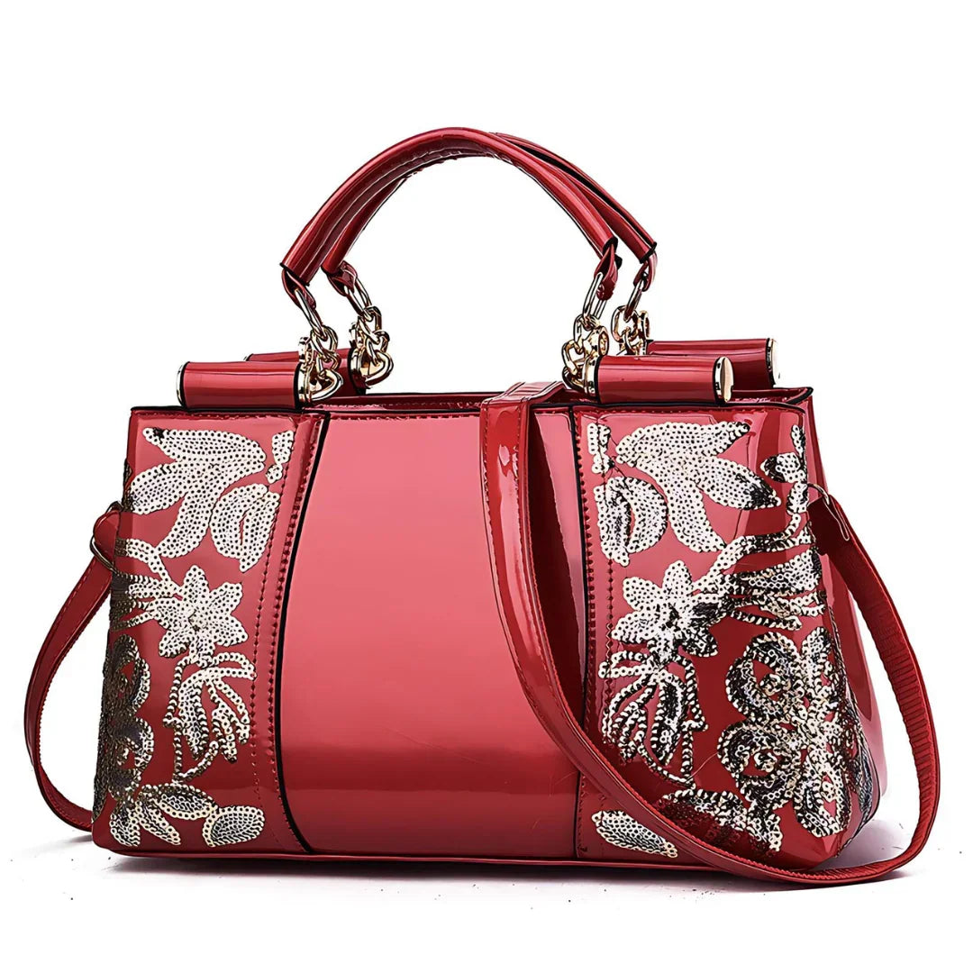 Glossy red handbag with floral sequin embroidery and gold hardware, fashion purse