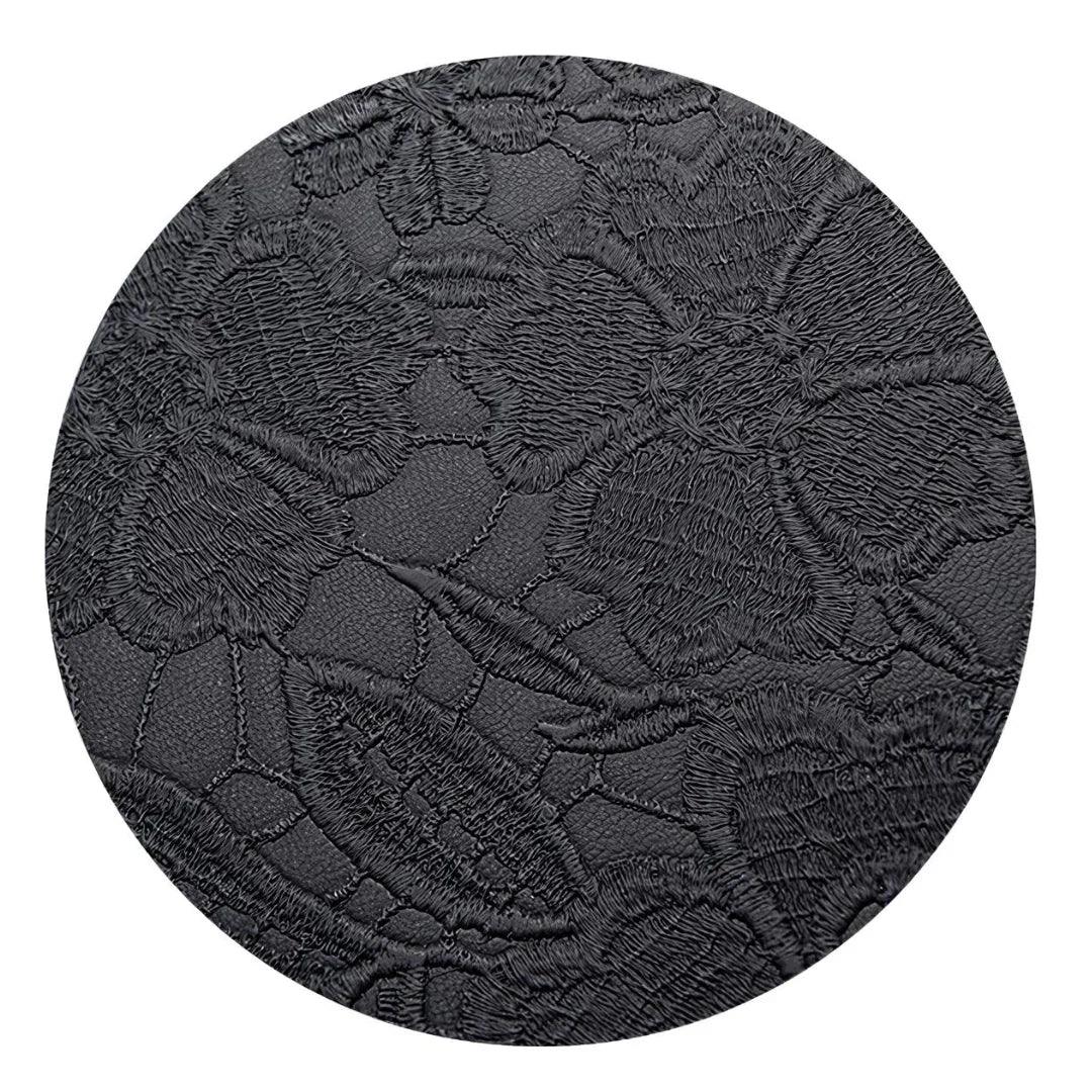 Close-up of black faux leather with embossed floral pattern texture