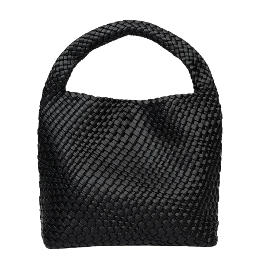 Black woven handbag with a single handle, minimalist bag design on white background
