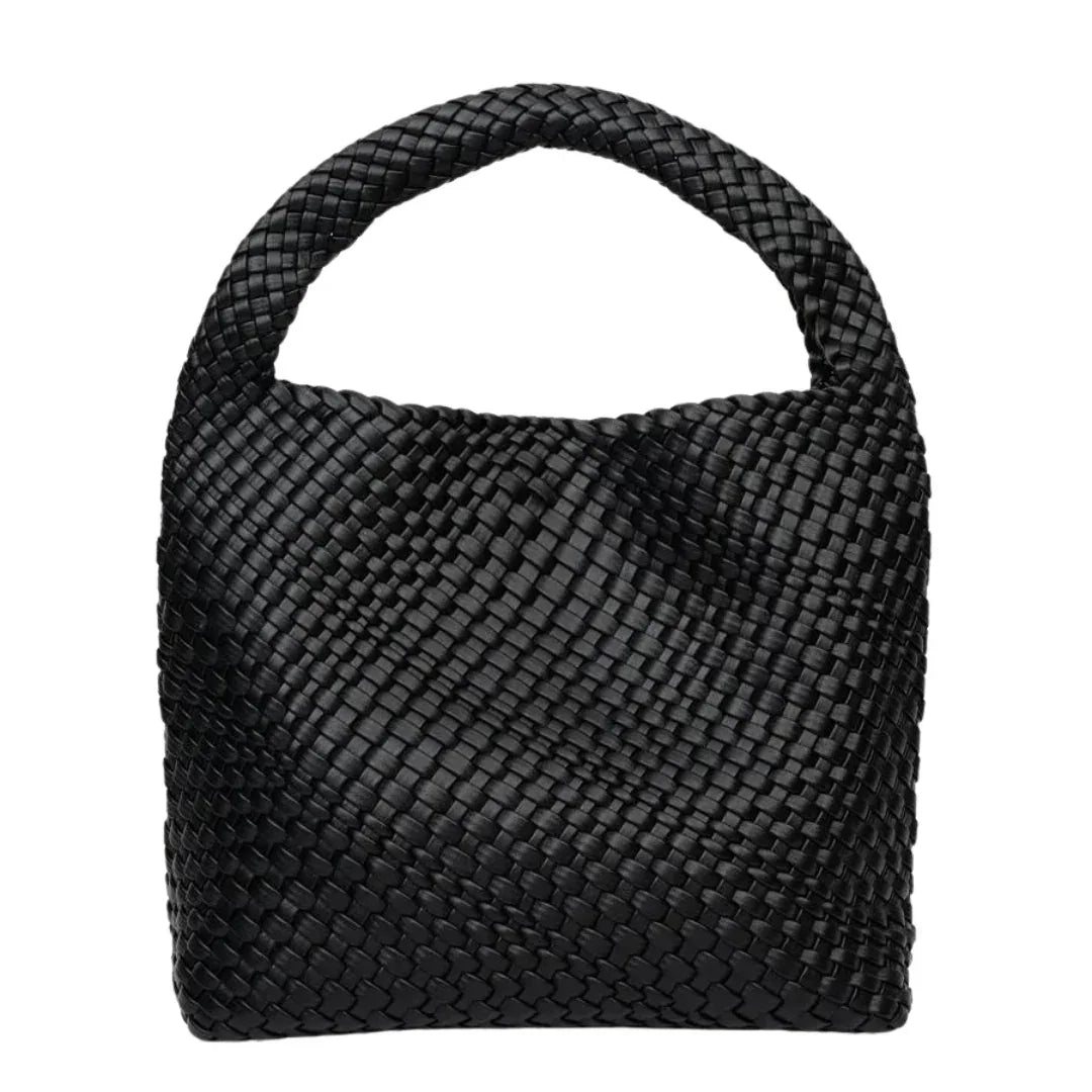 Black woven handbag with a single handle, minimalist bag design on white background