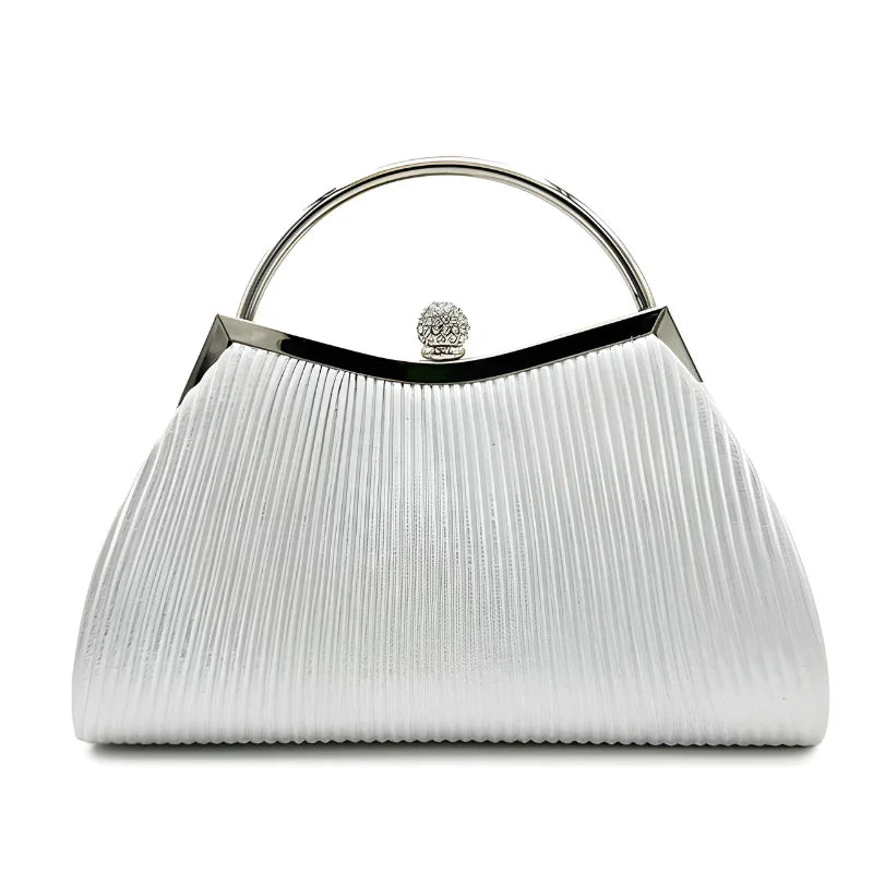White pleated evening handbag with silver handle and crystal clasp, elegant purse