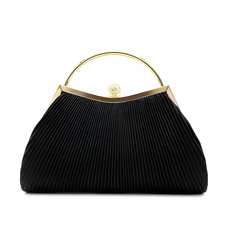 Black pleated handbag with gold top handle and clasp, luxury designer purse