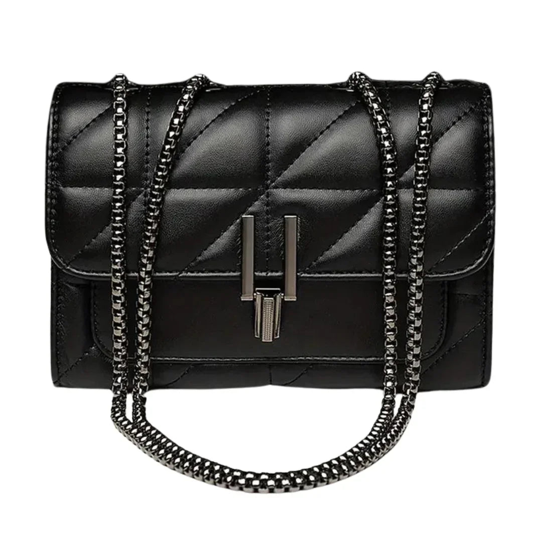 Quilted black leather shoulder bag with chain strap and metallic clasp