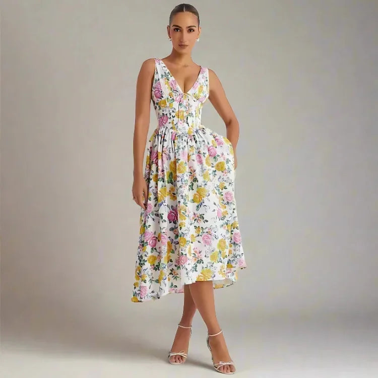 Violet Lightweight Floral Midi Dress with Petal Motifs