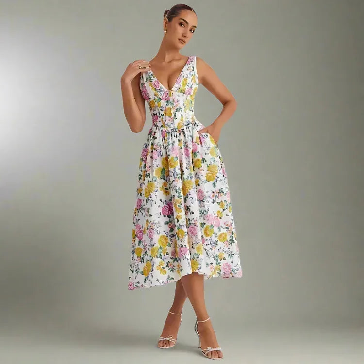 Violet Lightweight Floral Midi Dress with Petal Motifs